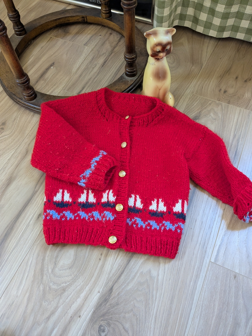 Vtg Handmade Red Knit Cardigan with Nautical Accent ❤️‍🔥⛵